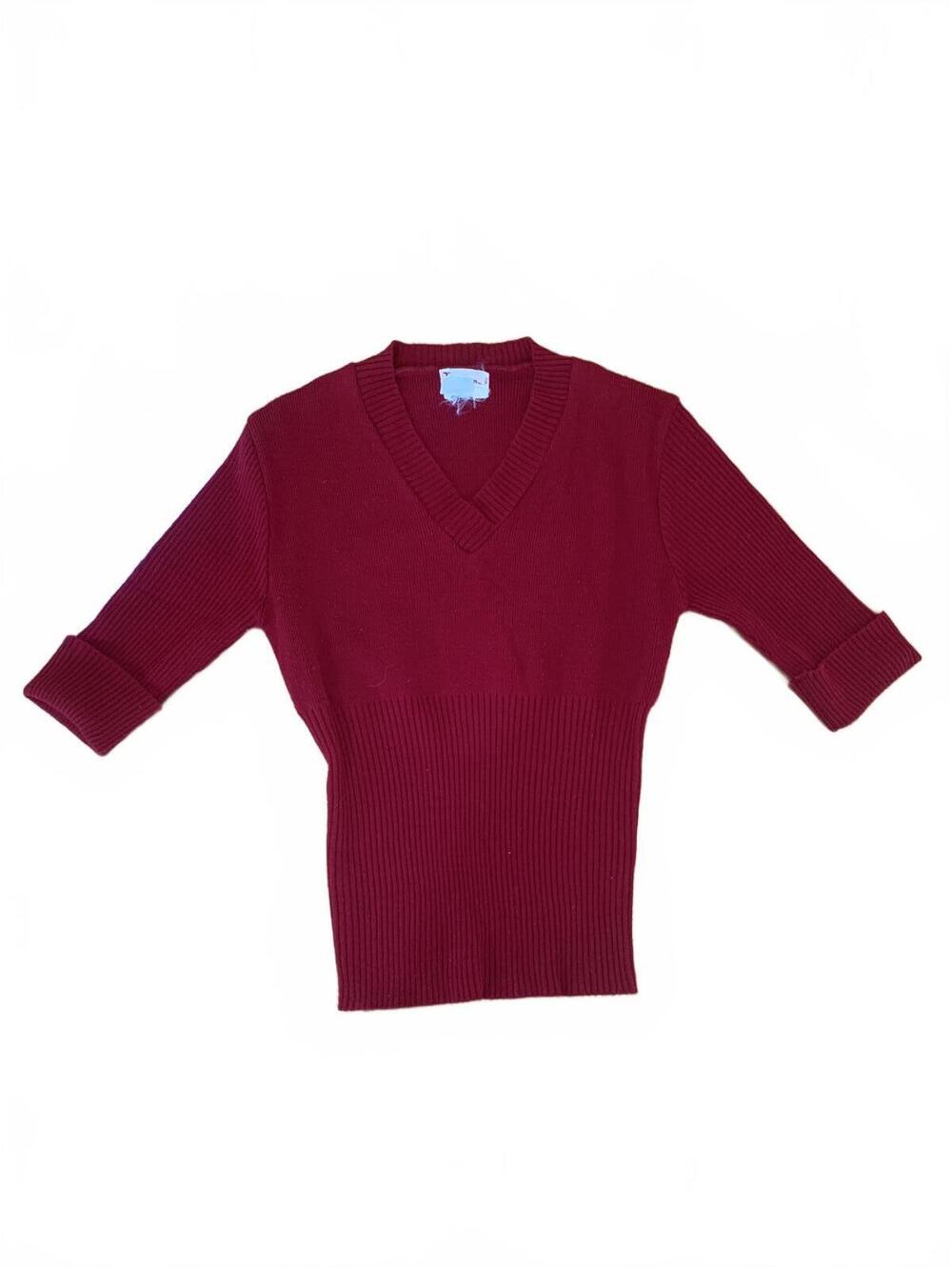Vintage Ribbed V-Neck Sweater with 3/4 Sleeves